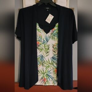 Naif - NWT Tropical Print Top with Attached Navy Cardigan - (Size 3X)